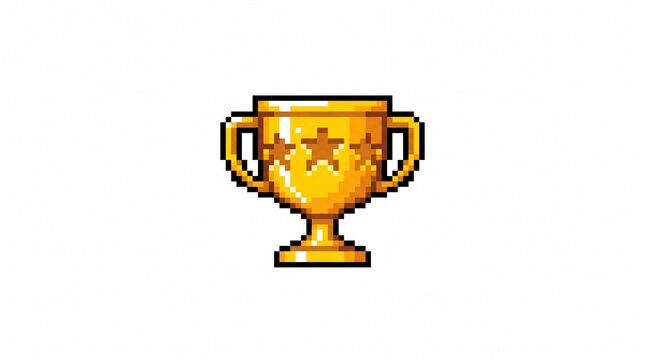 8-bit pixel art of a shiny gold winner trophy cup achievement game asset isolated on white.
