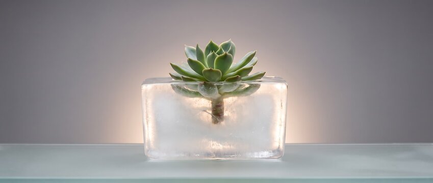 氷に半ば包まれた多肉植物の造形美