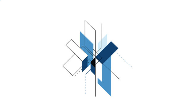 Abstract geometric modern composition with three dimensional blue and white rectangle shapes and thin technical lines.