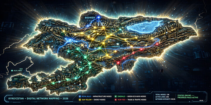 Futuristic Digital Network Map of Kyrgyzstan with Glowing Cybernetic Nodes and Data Connections