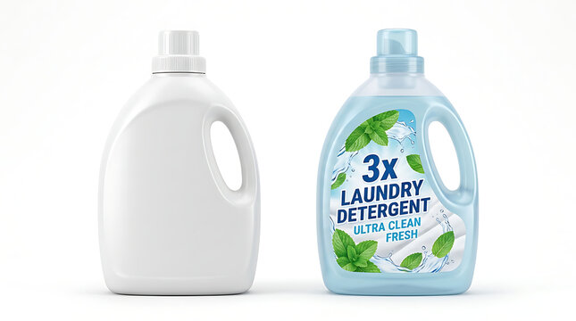 Two plastic laundry detergent bottles, one blank for mockup and one labeled with cleaning concept, on white background