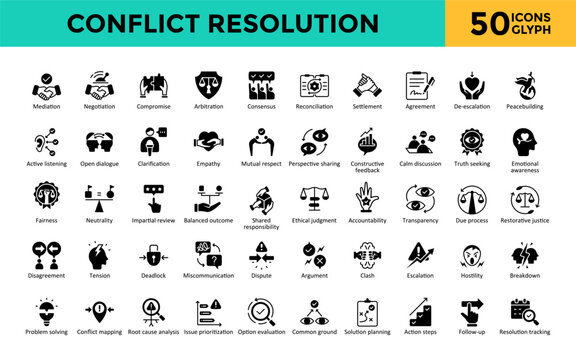 Conflict Resolution icons set with mediation, negotiation, compromise, arbitration, consensus, reconciliation, settlement, agreement, de-escalation, peacebuilding icon. Simple glyph vector 