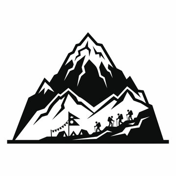 Mount Everest mountain peak silhouette with climbers and flag icon