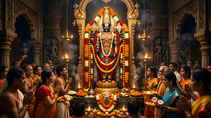 Fototapeta premium Hindu Devotees Worshipping Lord Vishnu Inside Temple