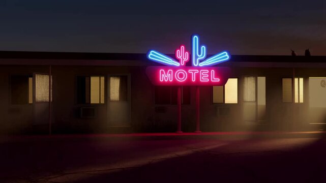 Retro neon motel sign illuminated against evening sky with desert cactus design with transitioning smoothly through slightly misty evening ambiance