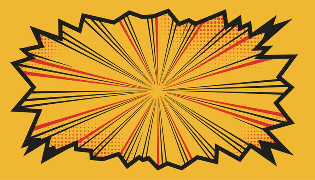 Bright yellow comic book burst frame features sharp dynamic explosion lines and fine orange halftone dots.
