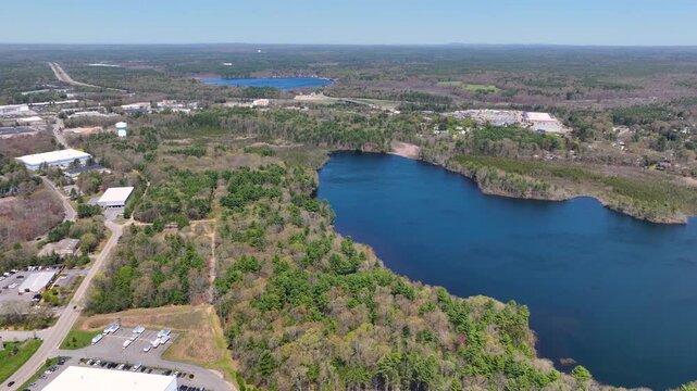 Watson Pond and Lake Sabbatia aerial view in spring in Watson Pond State Park in city of Taunton, Bristol County, Massachusetts MA, USA. 