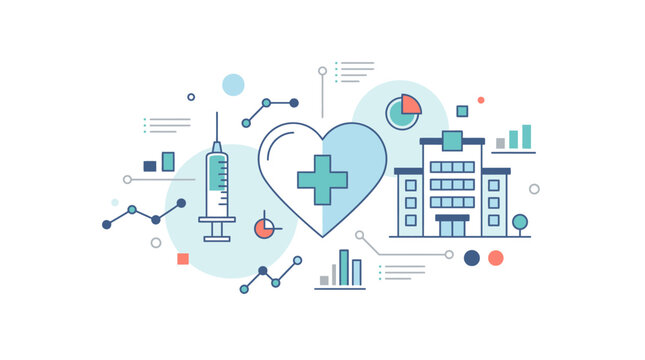 Healthcare data analytics concept illustration featuring medical symbols surrounded by charts and statistical graphs.