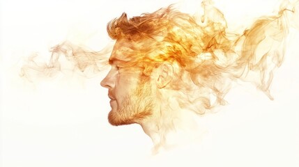 Fototapeta premium Profile of Fiery Inspiration: A man's profile is engulfed in a vibrant, abstract swirl of orange and gold smoke, symbolizing passion, creativity, and intense thought.