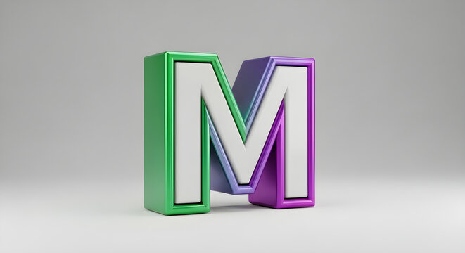 Glossy 3D Letter M Render with Vibrant Green and Purple Metallic Edges Isolated on a Soft Grey Background for Modern Graphic Typography Projects