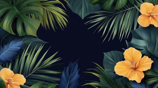 Tropical Elegance: A luxurious arrangement of lush tropical foliage and vibrant orange hibiscus flowers frames a deep navy blue background, creating an exotic and elegant design.