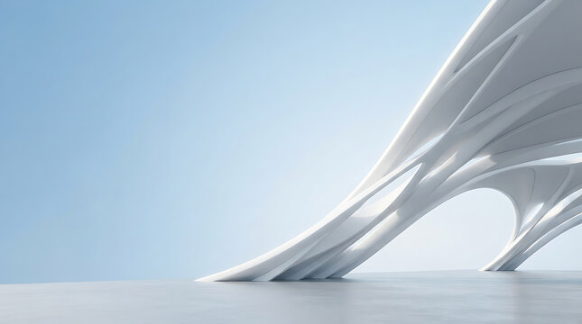 Parametric architecture structure with flowing white curves against a clear blue sky.