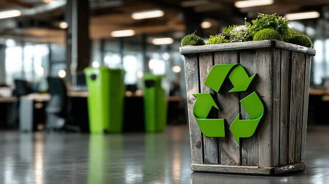 Green Recycling Symbol Icon in Modern Office Environment, Waste Sorting and Sustainability Practices, Corporate Eco Awareness, Clean Workplace Culture and Environmental Responsibility Concept
