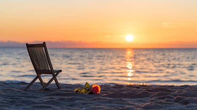 Serene Sunset Retreat: An empty wooden deck chair awaits on a sandy beach, facing a tranquil ocean as the sun dips below the horizon, painting the sky in vibrant hues of orange and yellow.