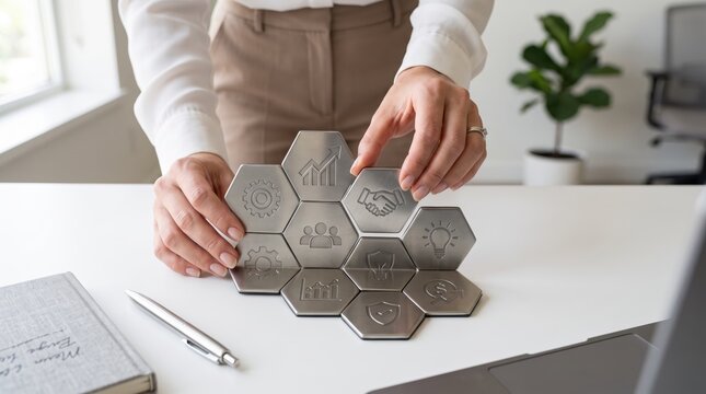 Close up of hands assembling metal hexagonal tiles with business icons like gears handshake and graph on white table, symbolizing teamwork strategy partnership innovation