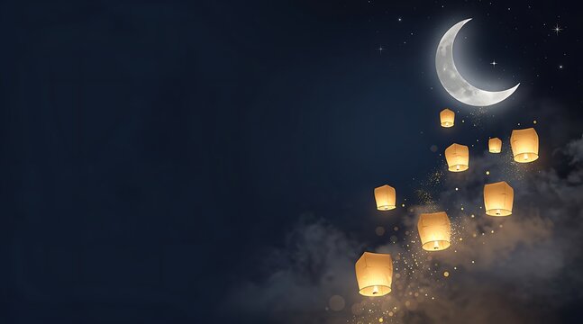 Magical night sky with glowing crescent moon and flying paper lanterns during a traditional festival