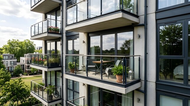Modern luxury apartment building exterior with private balconies