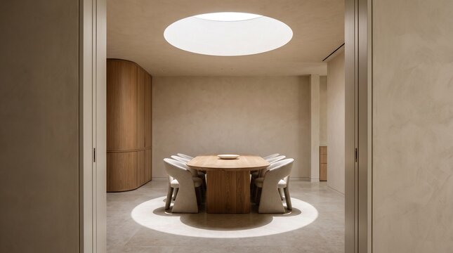 Contemporary dining room illuminated by a circular skylight