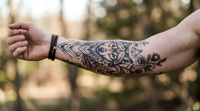 Tattooed Arm with intricate floral and animal designs in outdoor setting