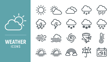 Naklejka premium Collection of weather icons illustrating various meteorological phenomena and conditions, presented in a clean, modern line art style.