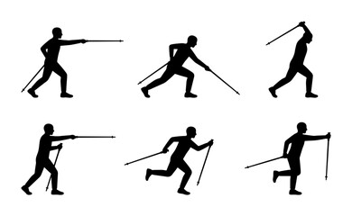 Fototapeta premium Nordic Walking Silhouettes, Six Dynamic Poses, Vector Set for Fitness and Sport