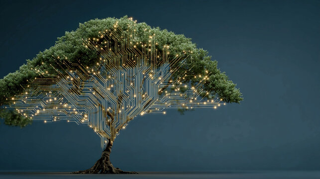 Green tech annual report visualized with digital circuit tree on a blue backdrop, symbolizing innovation, sustainability, corporate eco-responsibility, and renewable energy initiatives,