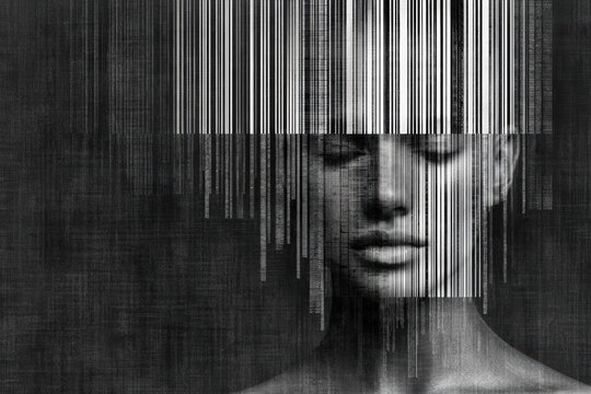 Abstract silhouette of human head constructed from glowing white barcode lines and data matrices with dark background and left side space.