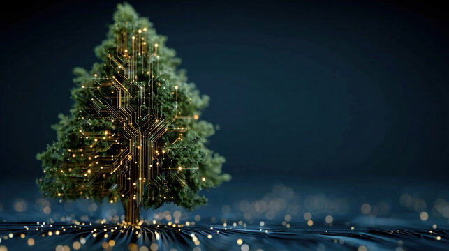 Green tech annual report visualized with digital circuit tree on a blue backdrop, symbolizing innovation, sustainability, corporate eco-responsibility, and renewable energy initiatives,