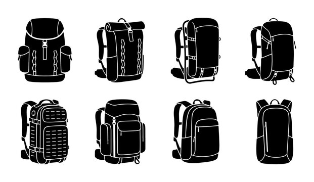 Backpack Icons Set, Hiking Rucksacks Collection, Travel Gear Silhouettes, Outdoor Adventure Equipment