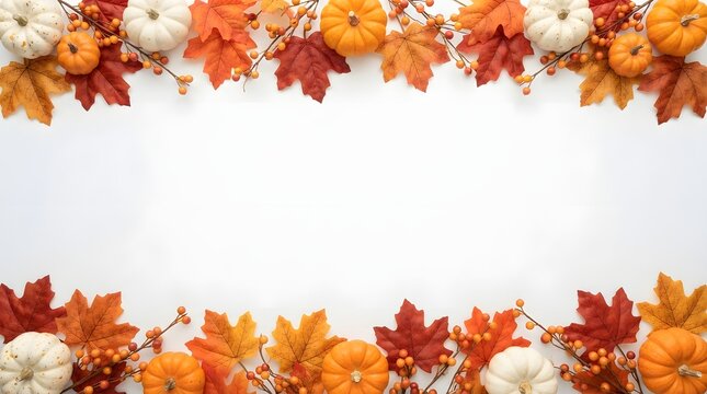 Autumn border frame with pumpkins, colorful maple leaves, and berries isolated on white background