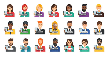 Fototapeta premium Diverse Avatars Set Holding Digital Identity Cards for Online Verification and Secure Authentication - Flat Vector Illustration of Multi-ethnic Professionals