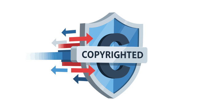 Copyright Protection and Intellectual Property Security Concept, Blue Shield with Copyright Symbol and Arrows, 3D Illustration