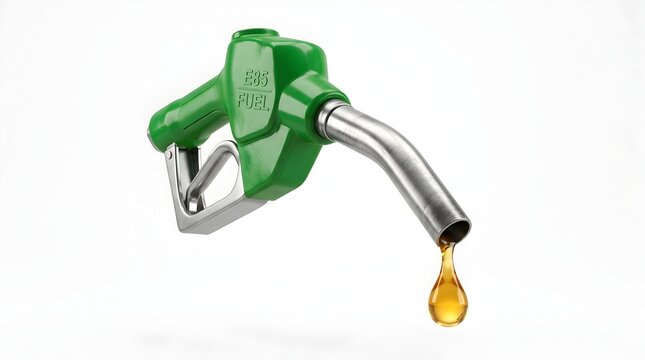 Green fuel nozzle with a drop of liquid gasoline or ethanol isolated on a white background.