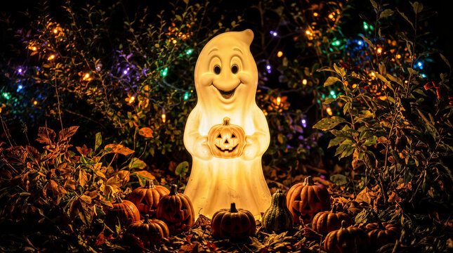 Glowing Halloween Ghost Decoration with Pumpkins and Lights.