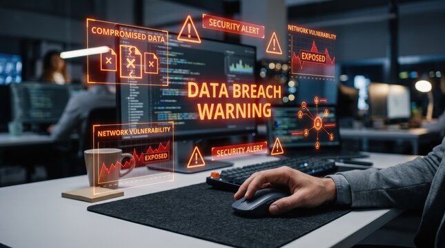 Cyber security threat showing data breach warning signs, compromised files, network vulnerability alerts, hacker attack simulation, red warning lights, digital danger