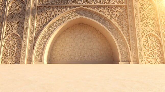 Intricate Islamic Archway with Geometric Arabesque Patterns and Arabic Calligraphy in Warm Sunlight
