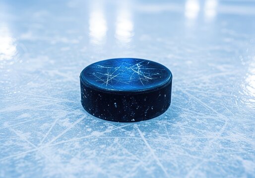 A black vulcanized rubber hockey puck sits alone on a textured indoor ice rink, showing fine skate blade scratches and cool blue reflections, cold, puck, sport