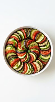 A colorful homemade ratatouille dish featuring thin slices of zucchini, eggplant, and tomatoes arranged in a beautiful circular pattern, delicious, dish, circular