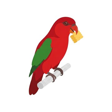 Red lory parrot eating sweet corn snippet on a wooden perch, vector illustration isolated on white background.