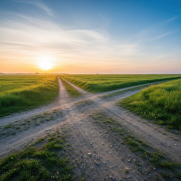 A dusty rural crossroads splits between lush green meadows under a soft morning sky, symbolizing a pivotal moment of choosing a new path, meadow, wilderness, journey