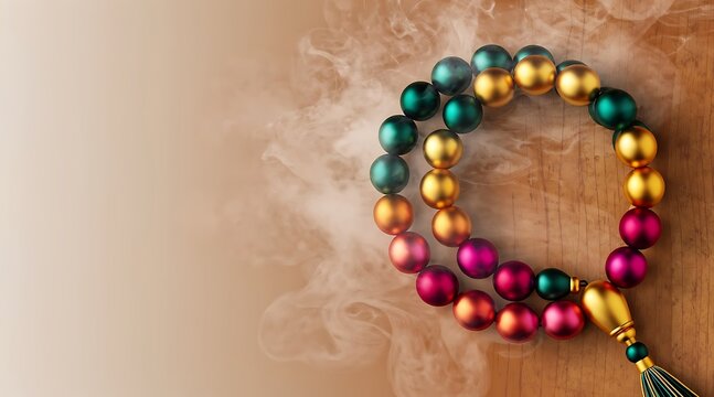 Elegant multi-colored Islamic prayer beads tasbih on wooden table with mystical smoke and copy space