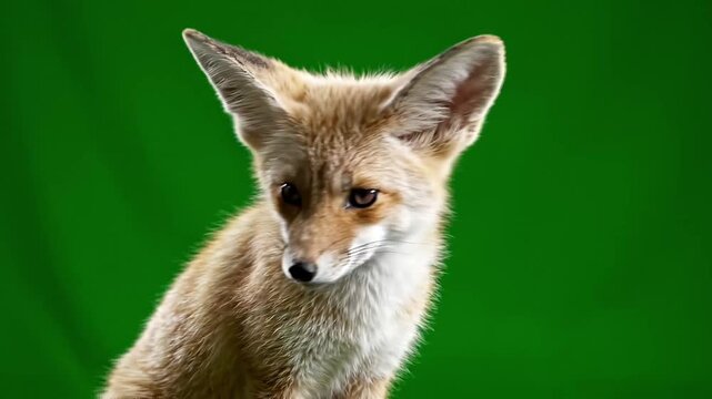 Close-up portrait of a young fox with large ears against a green background.