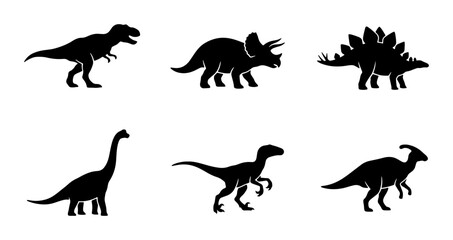 Dinosaur Silhouettes Set, Prehistoric Creatures Vector Icons, Jurassic Era Animal Graphics © Anjali