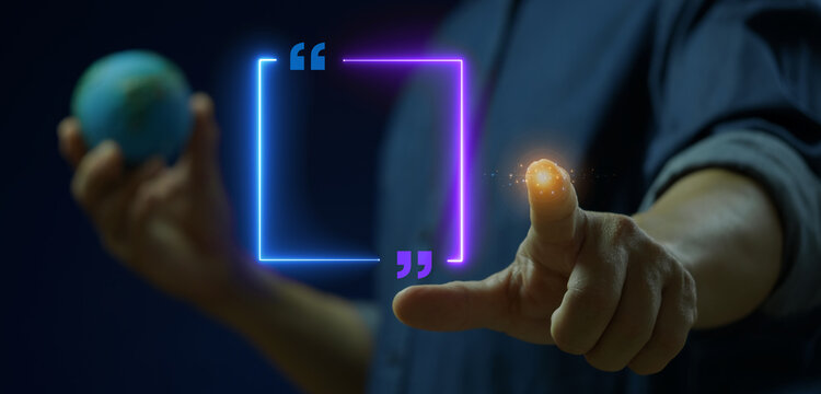Businessman holding world globe while finger touching glowing empty square neon quotation mark speech bubble mockup. International customer testimonial, global corporate dialogue, and quote concept.
