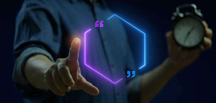 Businessman holding vintage alarm clock while finger touching glowing empty hexagonal neon quotation mark dialogue box. Limited time customer testimonial, urgent review, and quote banner concept.