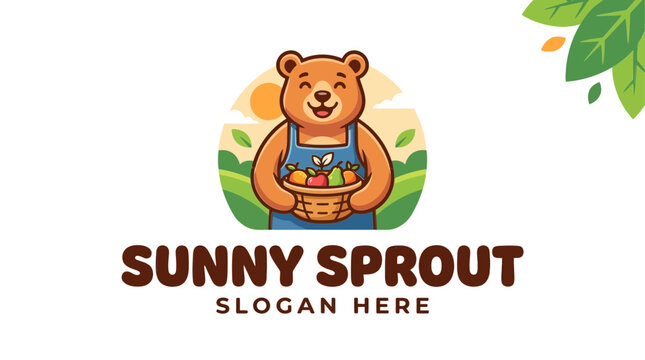 Cute Bear Farmer Mascot Holding Fruit Basket Logo for Organic Shop or Market