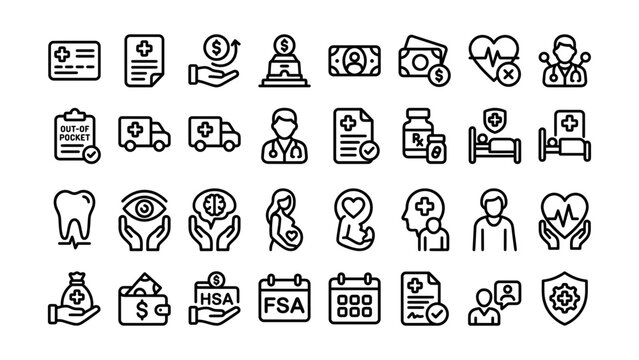 Collection of medical insurance and healthcare related icons isolated on transparent background