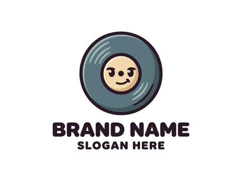 Cute vinyl record mascot character logo with smiling face for music brand or audio studio identity