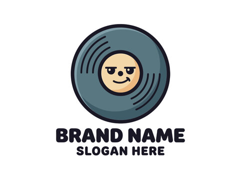 Cute vinyl record mascot logo template with smiling face for music and audio brands