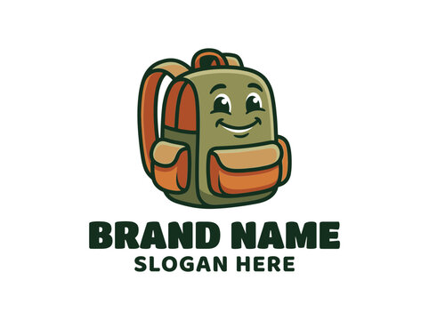 Cute smiling backpack mascot cartoon character for school and travel logo design